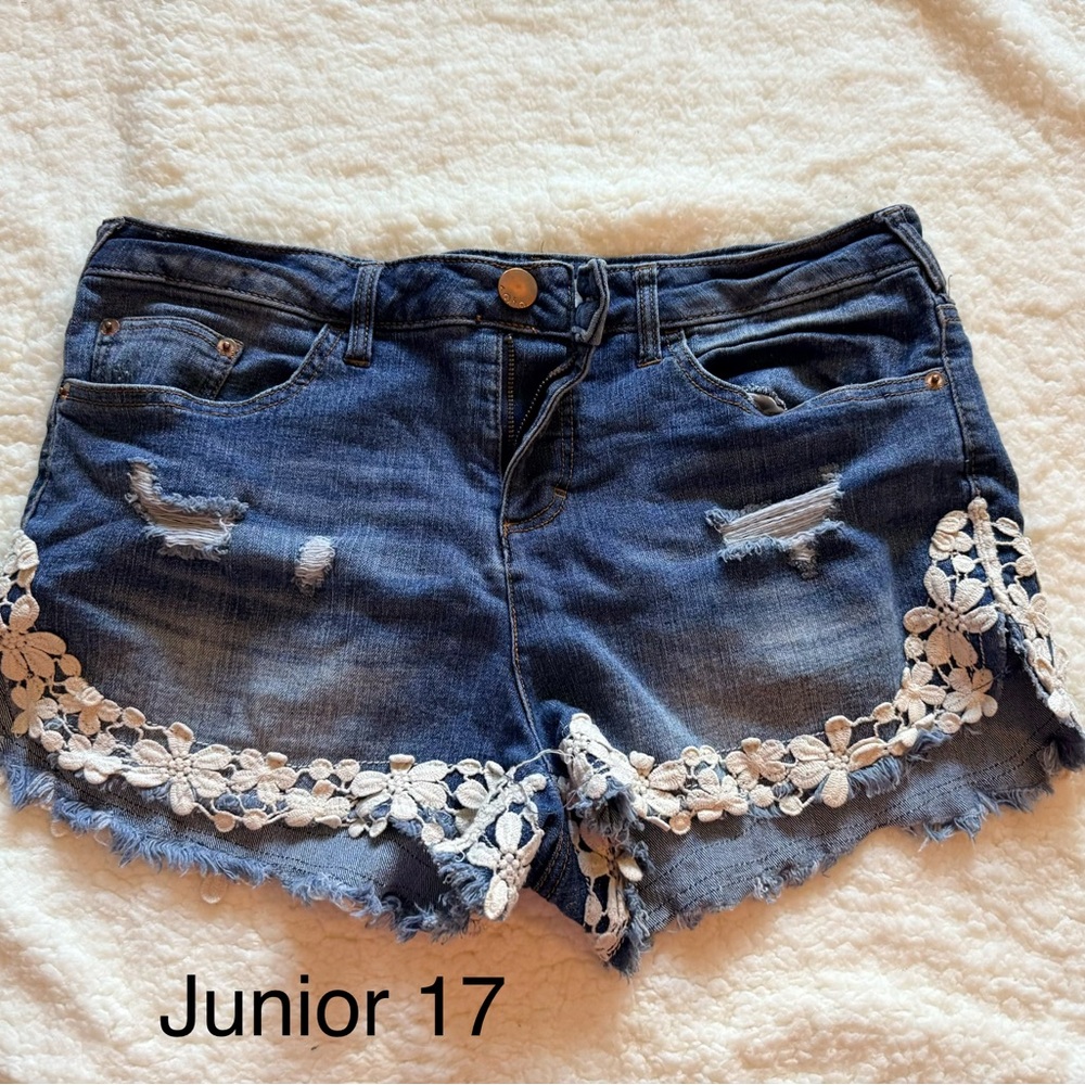 Women's Blue Denim Shorts with Lace Trim